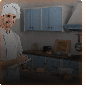 Young chef in white uniform with clipboard learning